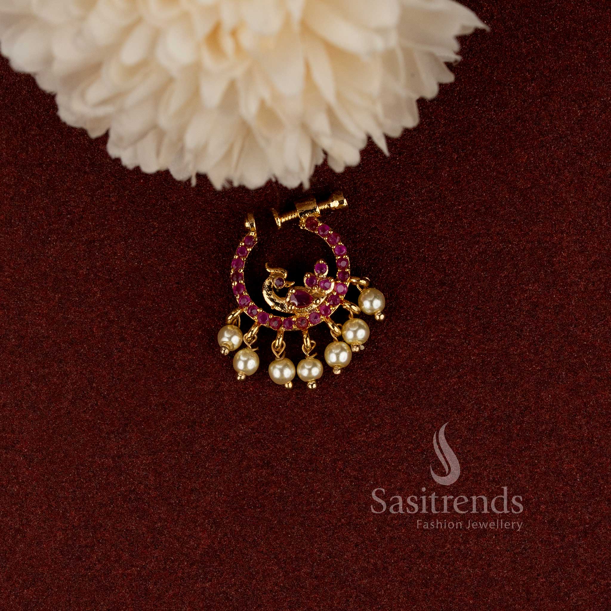 Elegant non-piercing peacock nosepin with AD stone and pearl fringe detailing - Sasitrends