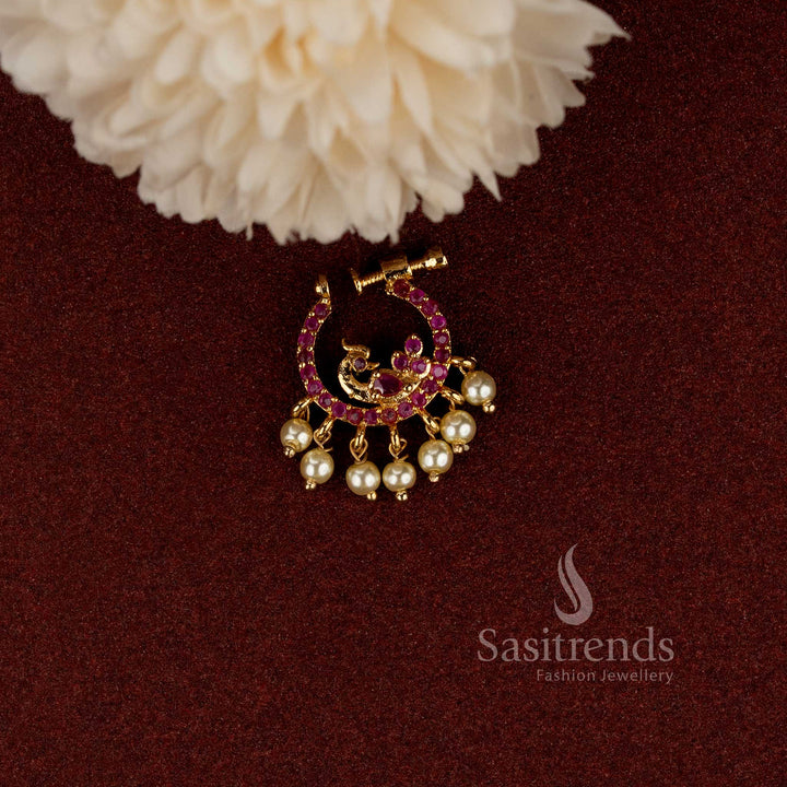 Elegant non-piercing peacock nosepin with AD stone and pearl fringe detailing - Sasitrends