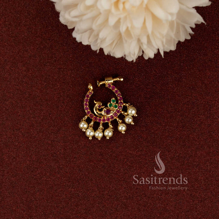 Traditional adjustable peacock pearl fringe nose pin for wedding and festive wear - Sasitrends