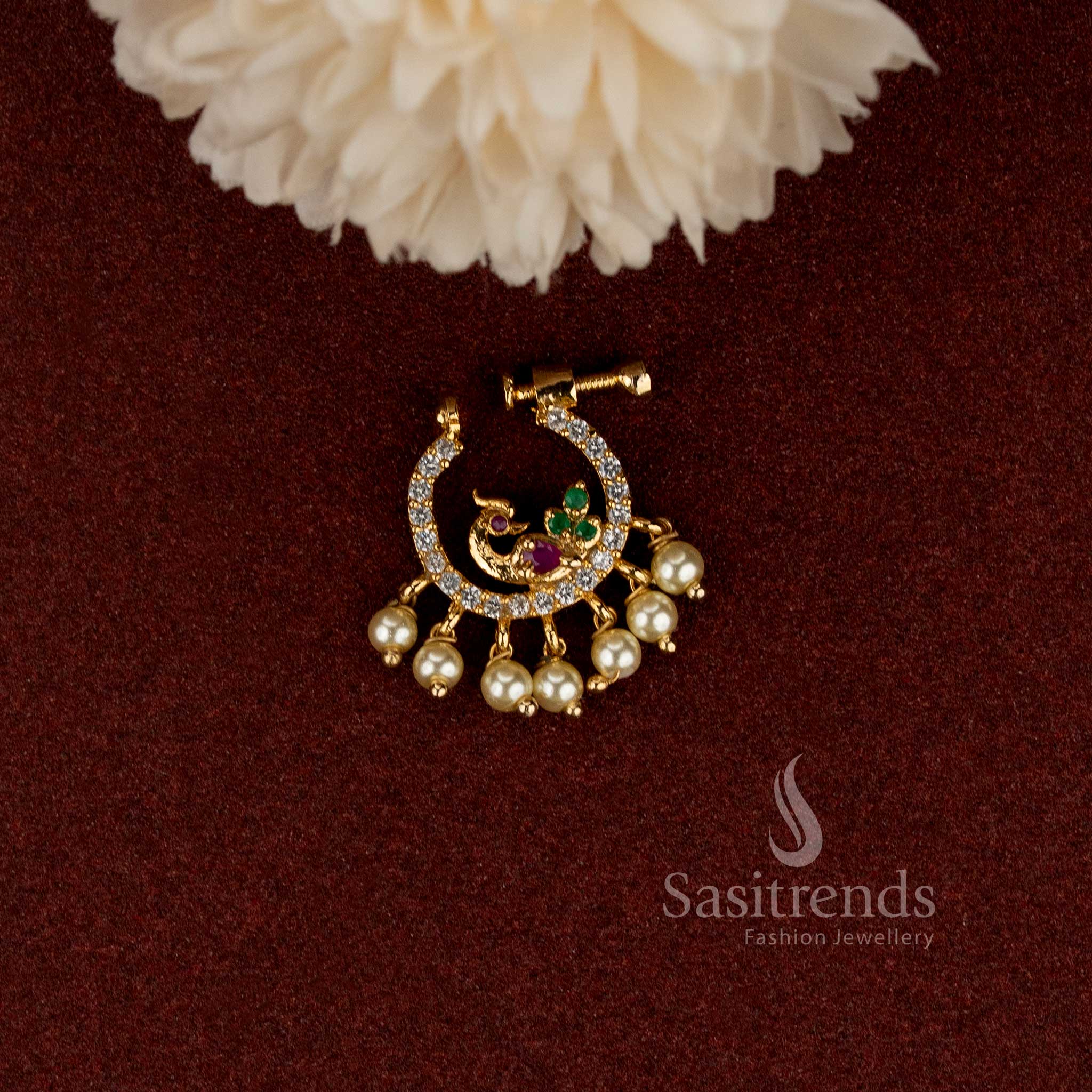 Traditional adjustable peacock pearl fringe nose pin for wedding and festive wear - Sasitrends