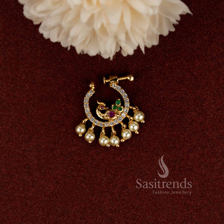 Traditional adjustable peacock pearl fringe nose pin for wedding and festive wear - Sasitrends
