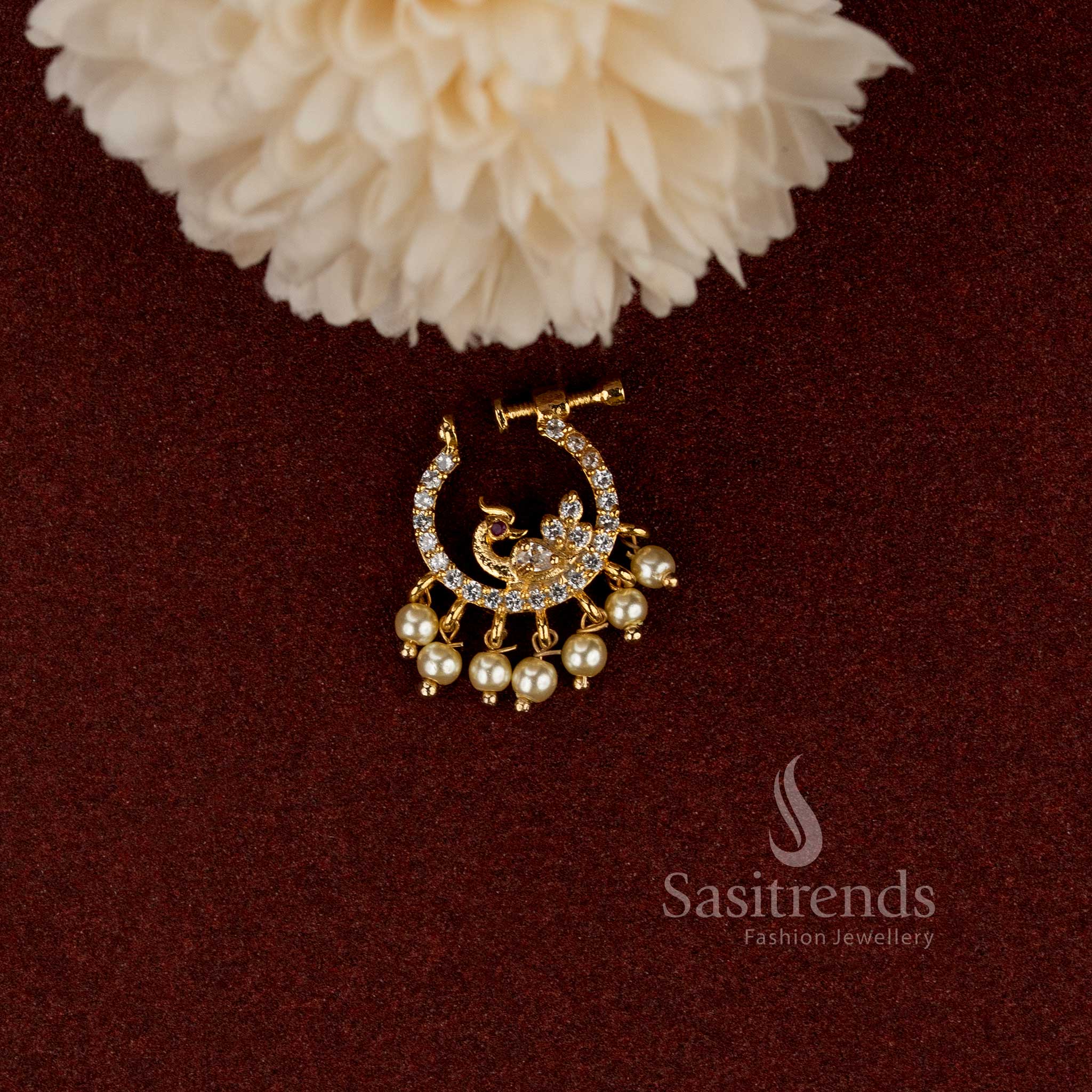 Elegant non-piercing peacock nosepin with AD stone and pearl fringe detailing - Sasitrends