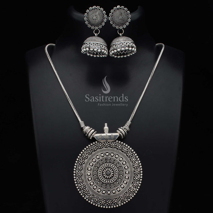 Nayanthara Chakra Pendant Chain Oxidised Jewellery Set with Jhumka Earrings - Sasitrends
