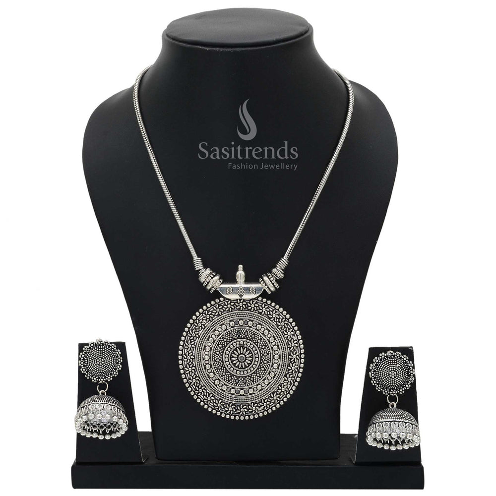 Nayanthara oxidised silver chakra pendant chain jewellery set with jhumka earrings featuring mystic spiral design and tribal boho charm - Sasitrends
