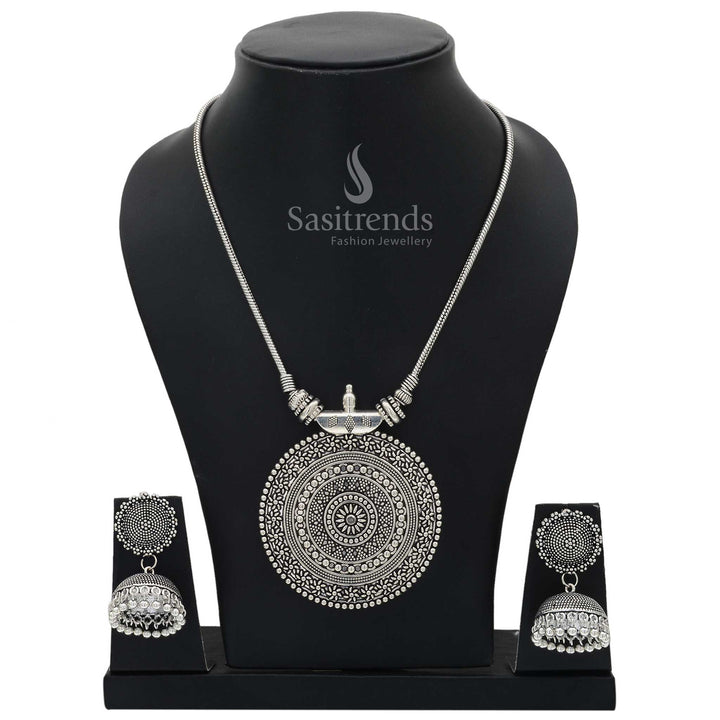 Nayanthara oxidised silver chakra pendant chain jewellery set with jhumka earrings featuring mystic spiral design and tribal boho charm - Sasitrends