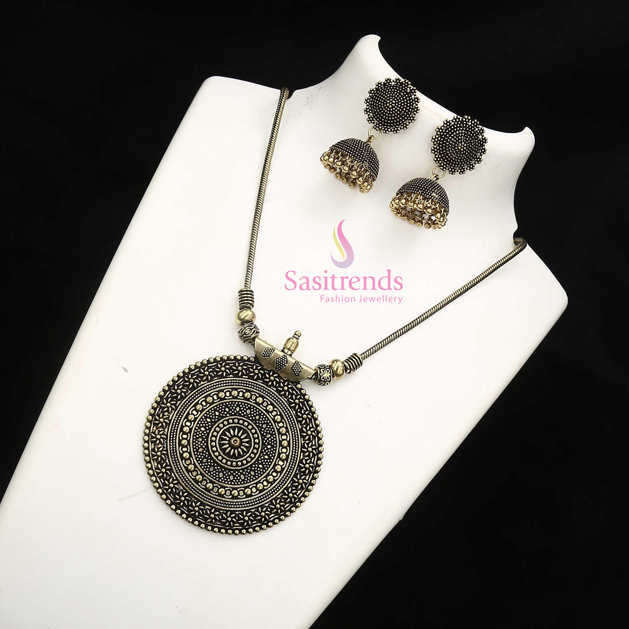 Nayanthara traditional antique gold plated chakra pendant jewellery set with designer jhumkas and cultural flair for grand ethnic occasions - Sasitrends