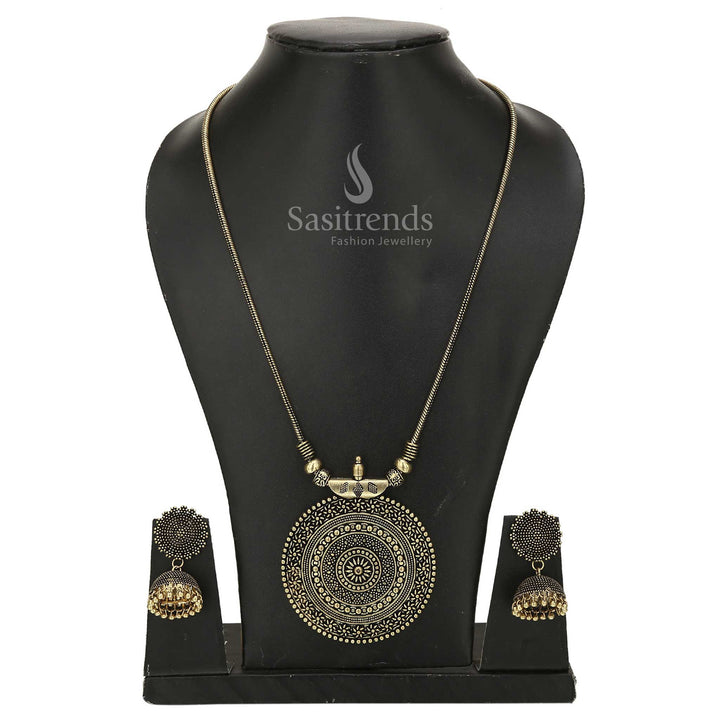 Antique gold Nayanthara chakra pendant chain jewellery set with traditional jhumka earrings and divine symbolic motif in temple matte finish - Sasitrends
