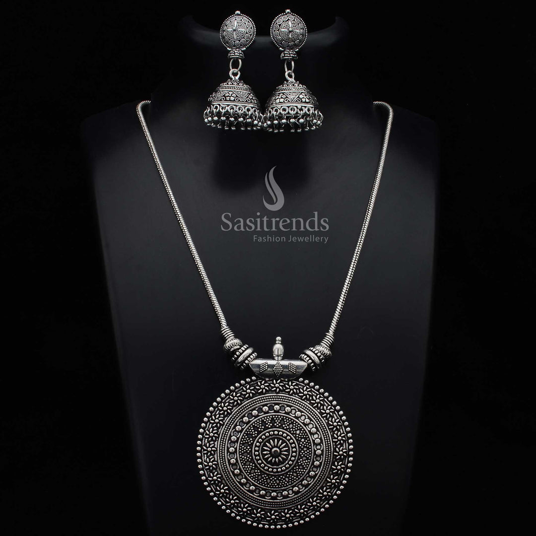 Elegant Roopasi oxidised silver chakra pendant chain jewellery set with handcrafted jhumkas and intricate rustic designs for traditional glamour - Sasitrends