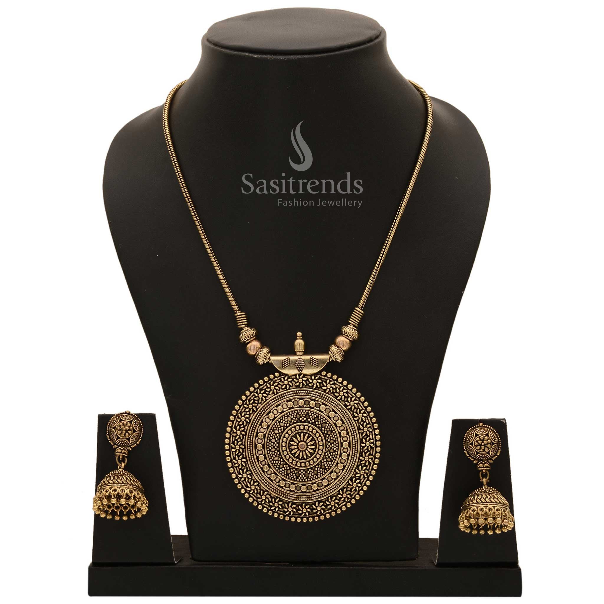 Traditional Roopasi antique gold chakra pendant chain jewellery set with floral inspired jhumkas and divine ornate details for festive wear - Sasitrends