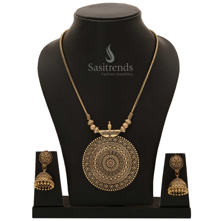 Traditional Roopasi antique gold chakra pendant chain jewellery set with floral inspired jhumkas and divine ornate details for festive wear - Sasitrends