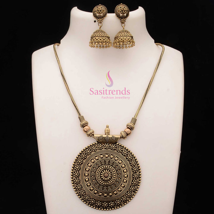 Roopasi antique gold plated chakra pendant jewellery set with kemp stone jhumkas and temple matte gold finish for grand ethnic ensembles - Sasitrends