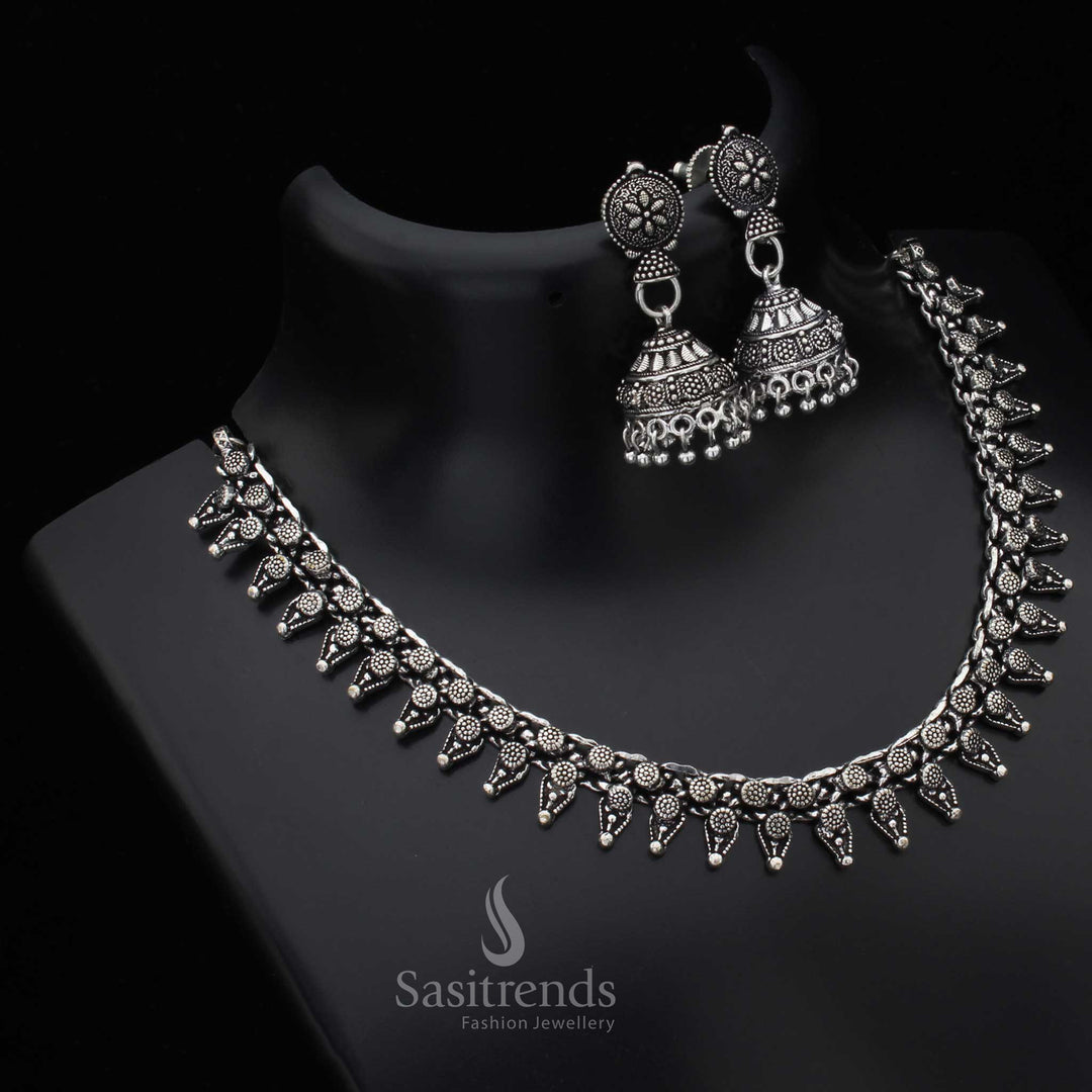Elegant Taruni oxidised silver choker jewellery set with jhumka earrings for girls with gypsy layers, artisan finish, and statement festival look - Sasitrends