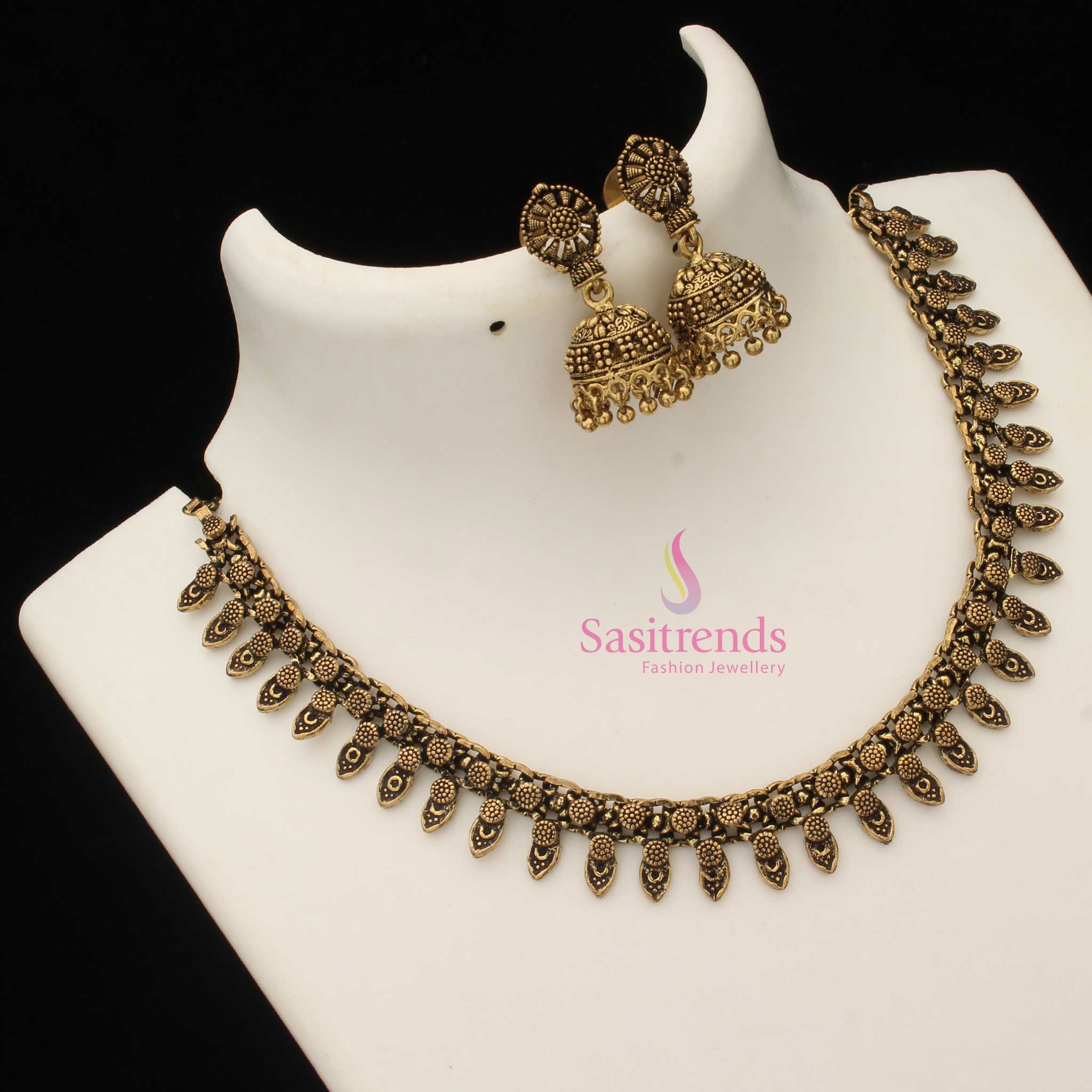 Taruni antique gold choker jewellery set with traditional jhumka earrings in temple matte gold tone with kemp stones and classic South Indian charm - Sasitrends