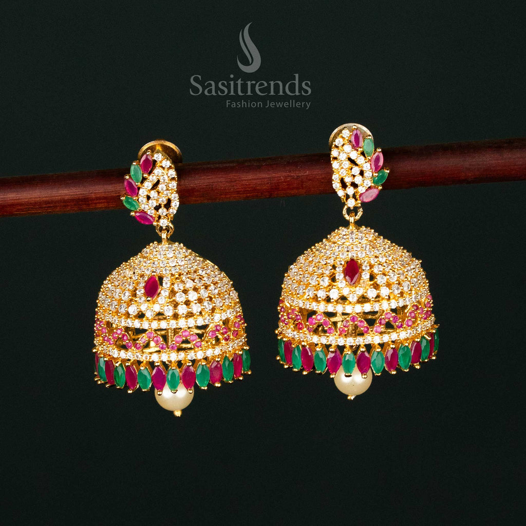Traditional micro gold plated jhumka earrings with multi-color AD stones featuring an intricate floral design, perfect for festive and wedding occasions - Sasitrends