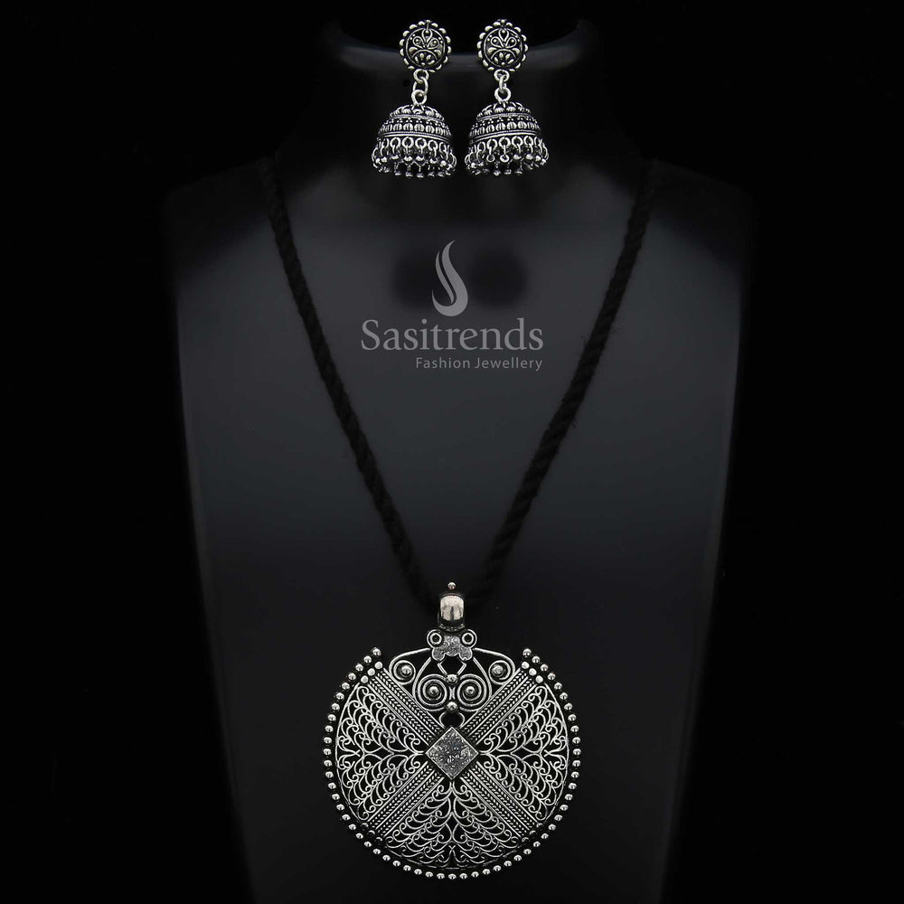 Bohemian thread necklace with oxidised German silver designer pendant jewellery set for women with intricate ethnic detail and tribal finish - Sasitrends