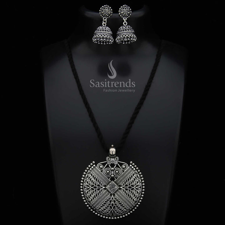 Bohemian thread necklace with oxidised German silver designer pendant jewellery set for women with intricate ethnic detail and tribal finish - Sasitrends