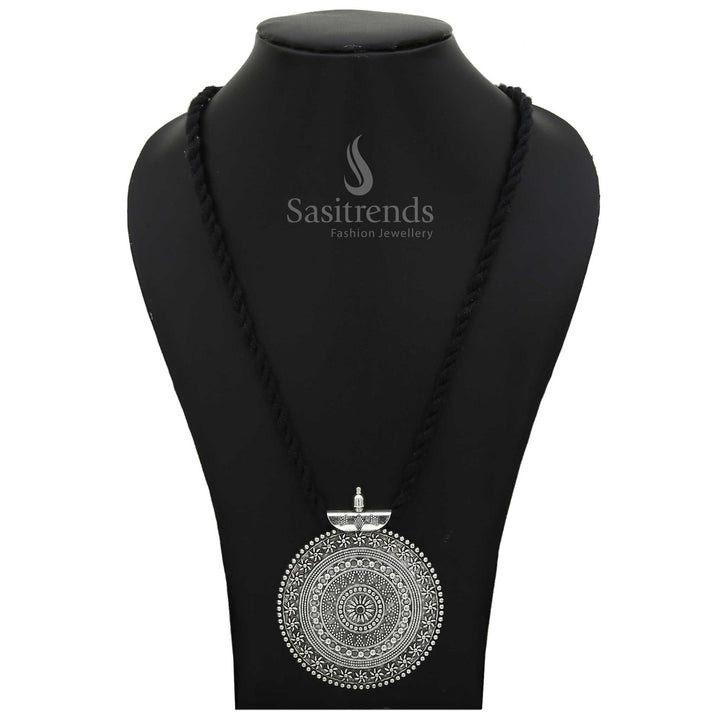 Niranjana Oxidised Pendant and Jhumka Jewellery Set with Long Black Thread - Sasitrends