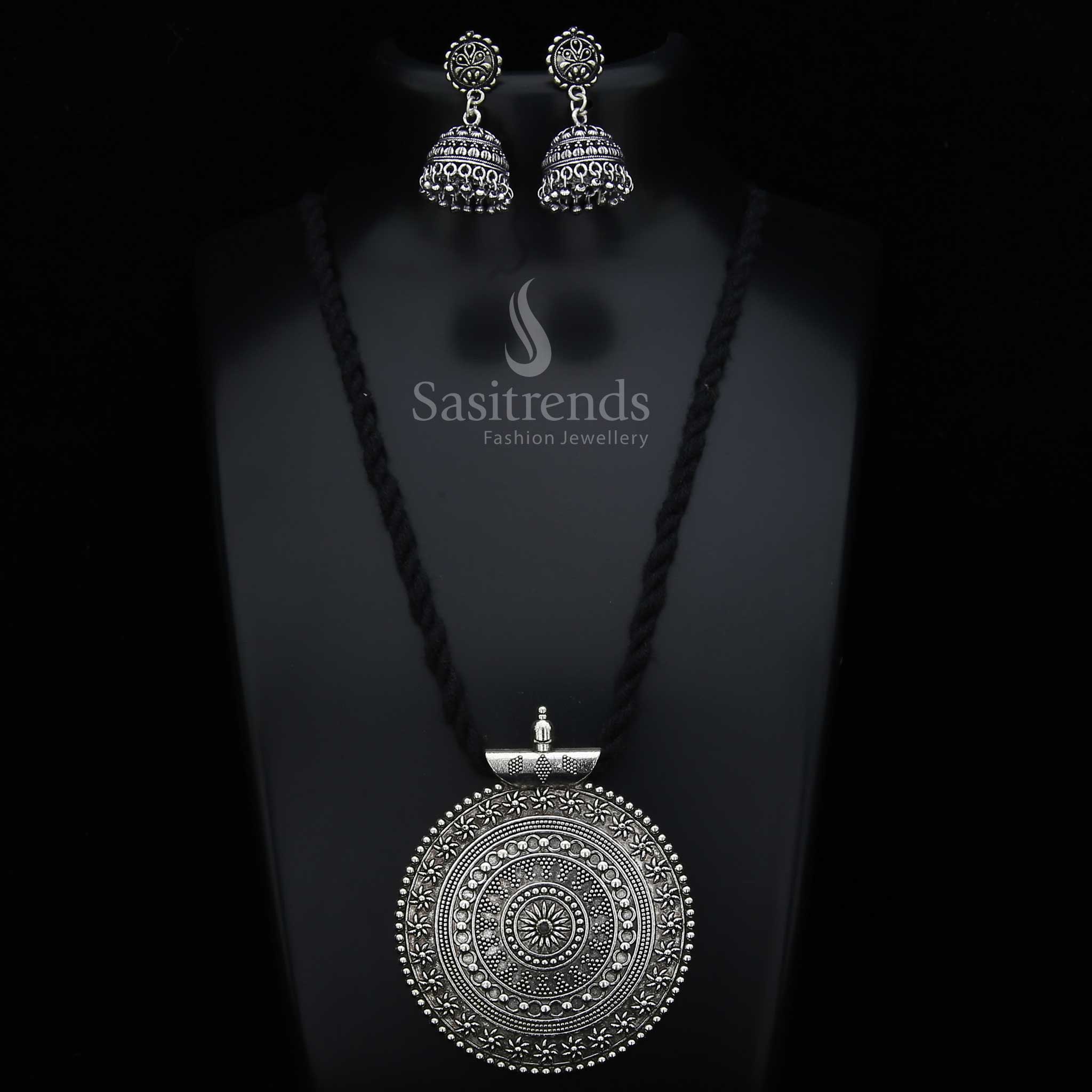 Elegant Oxidised Silver Niranjana Style Pendant With Matching Jhumkas And Black Thread Chain Jewellery Set For Ethnic And Fusion Wear - Sasitrends