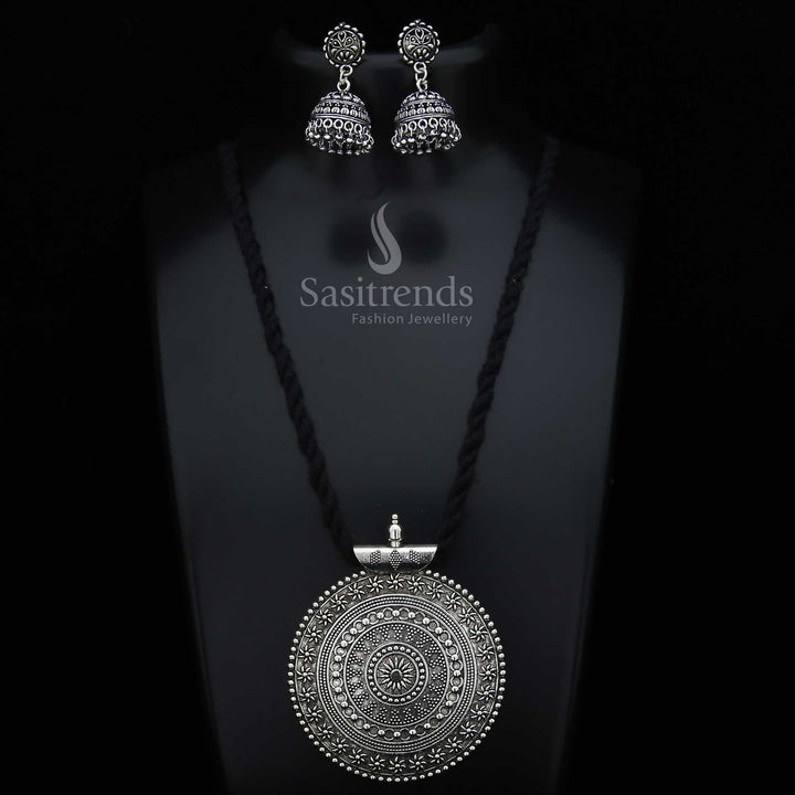 Elegant Oxidised Silver Niranjana Style Pendant With Matching Jhumkas And Black Thread Chain Jewellery Set For Ethnic And Fusion Wear - Sasitrends