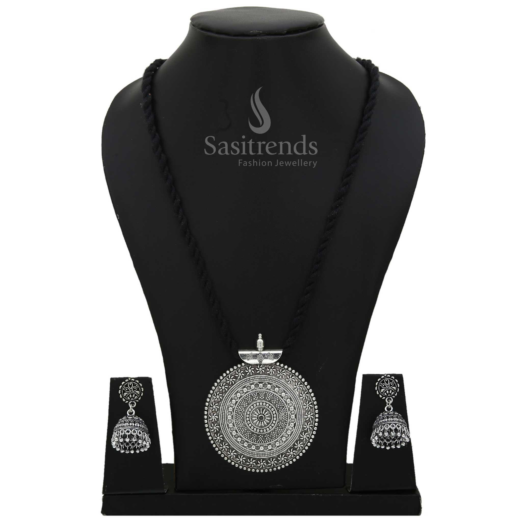 Oxidised Silver Niranjana Pendant And Jhumka Jewellery Set With Handcrafted Textured Details And Long Thread Chain For Traditional Looks - Sasitrends