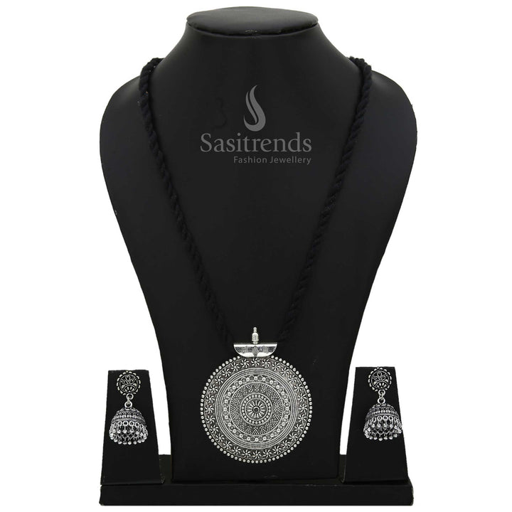 Oxidised Silver Niranjana Pendant And Jhumka Jewellery Set With Handcrafted Textured Details And Long Thread Chain For Traditional Looks - Sasitrends