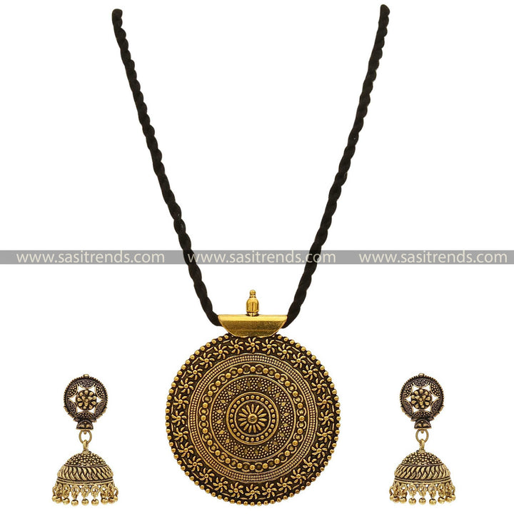 Antique Gold Mandala Pendant and Jhumka Set on Long Black Thread