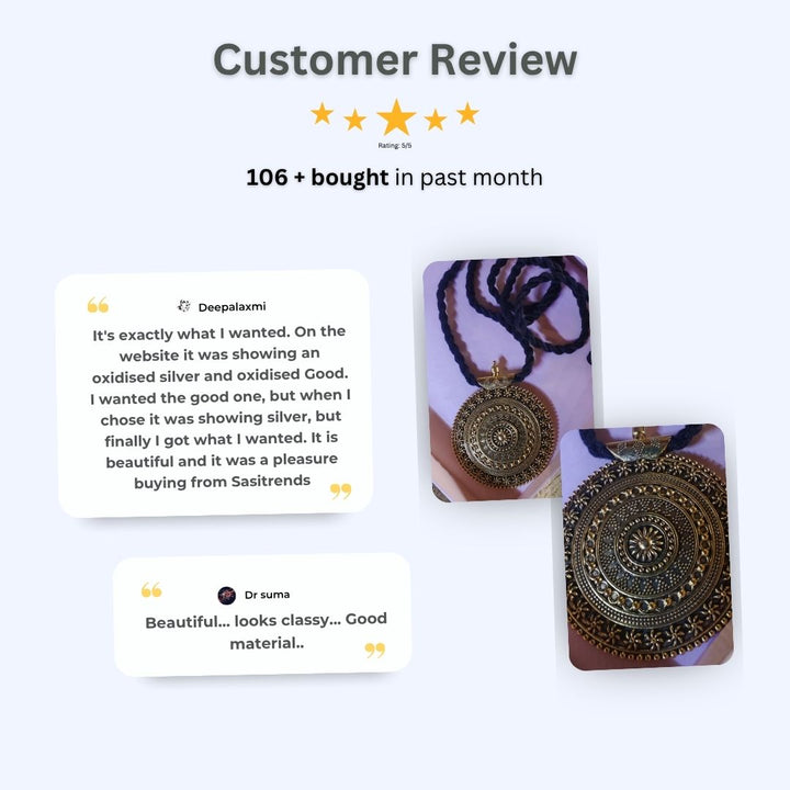 Customer review image showcasing an oxidized necklace set suitable for party wear, office wear, and casual ethnic looks - Sasitrends.