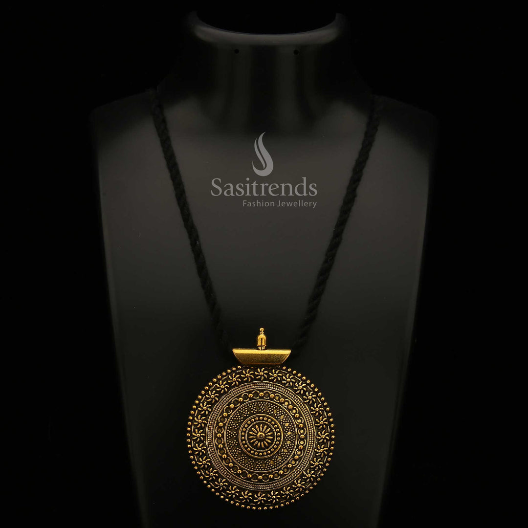 Niranjana Oxidised Silver Mandala Pendant Necklace with Long Black Thread
