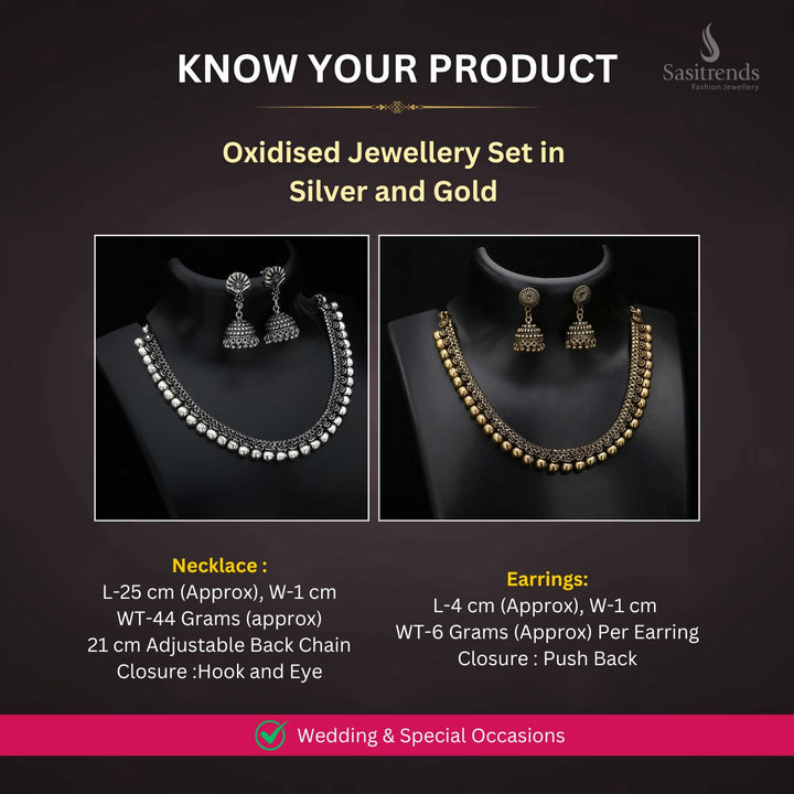 Oxidised Silver plated necklace jewellery set measurement image - Sasitrends





