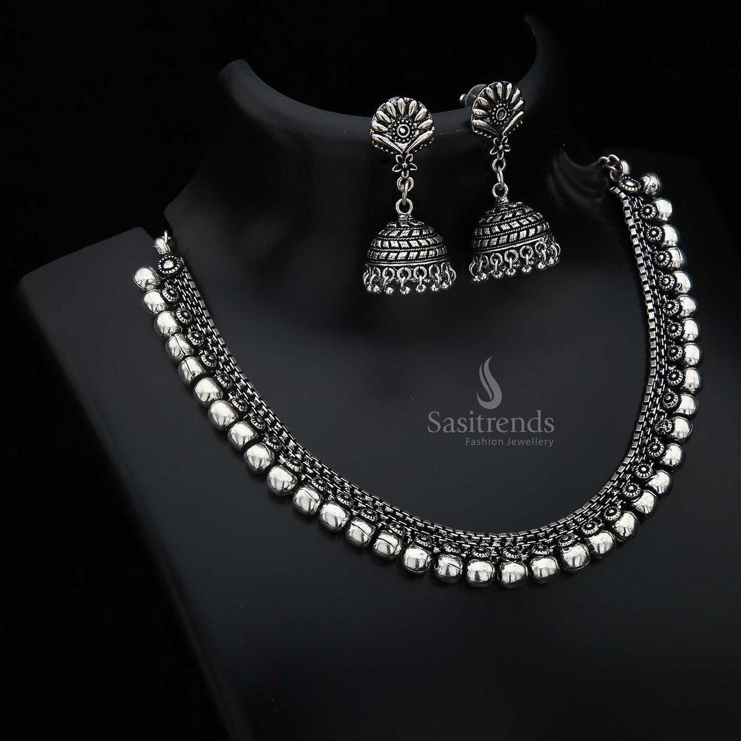 Silver Oxidised Single Line Ball Jewellery Set by Aabharana with a Traditional Antique Finish – A Stunning Ethnic Adornment for Women - Sasitrends