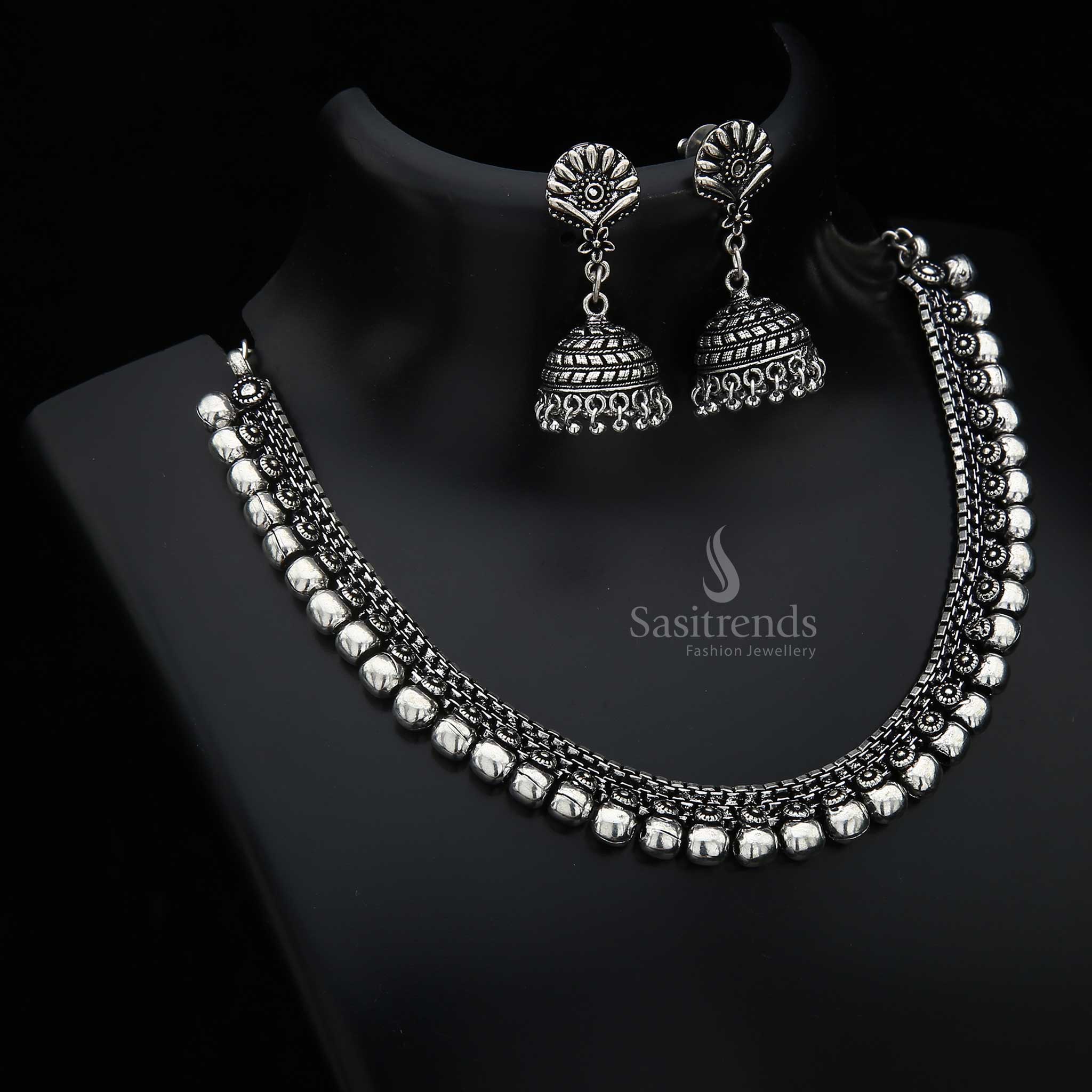 Silver Oxidised Single Line Ball Jewellery Set by Aabharana with a Traditional Antique Finish – A Stunning Ethnic Adornment for Women - Sasitrends