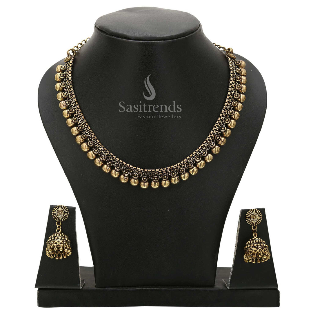 Regal Antique Gold Aabharana Single Line Ball Jewellery Set designed with temple-inspired aesthetics and classic matt gold finish—an elegant traditional accessory for divine ethnic celebrations – Sasitrends