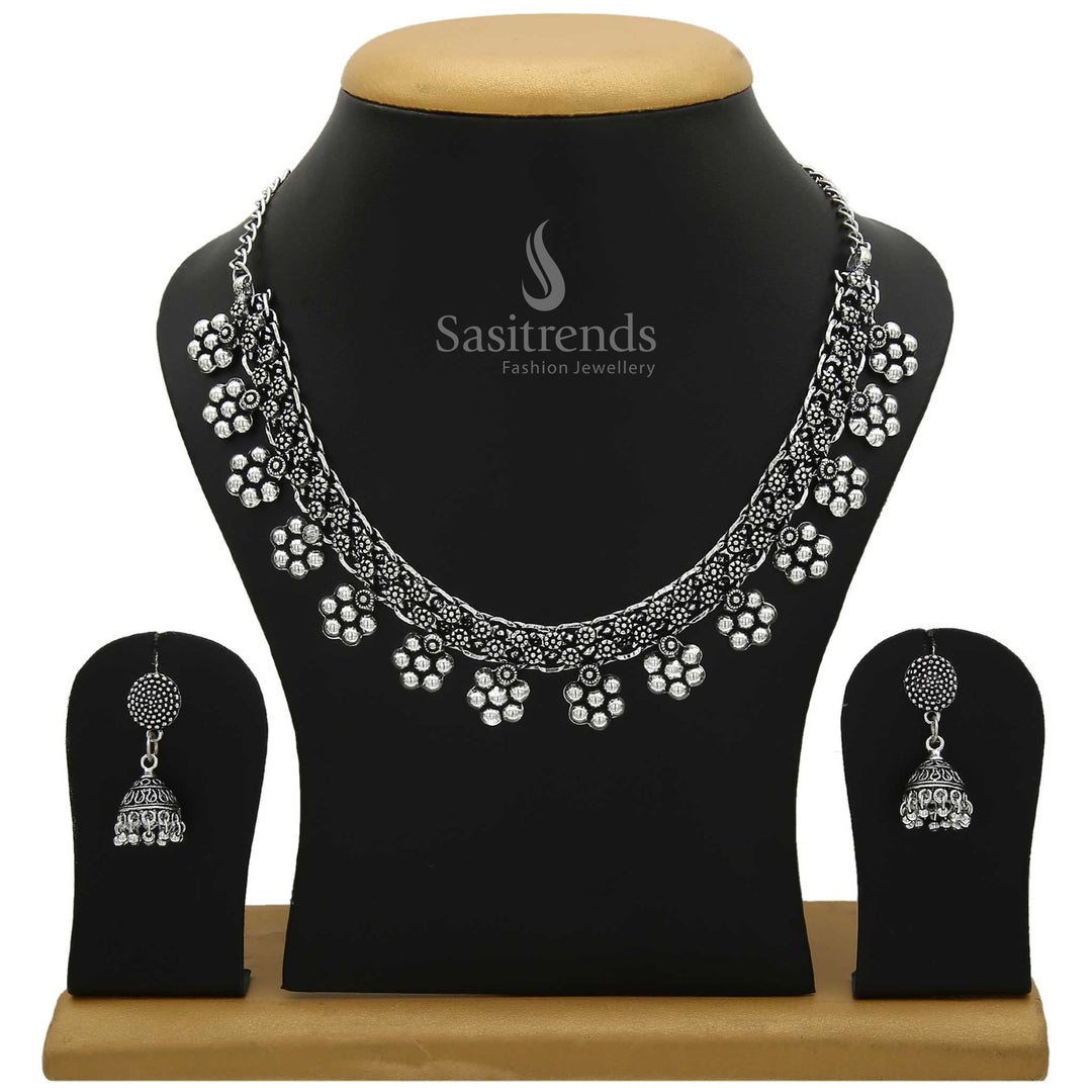 Vintage tribal style Oxidised German Silver Jewellery Set with statement necklace and detailed jhumka earrings—traditional folk beauty reimagined for confident women and girls – Sasitrends