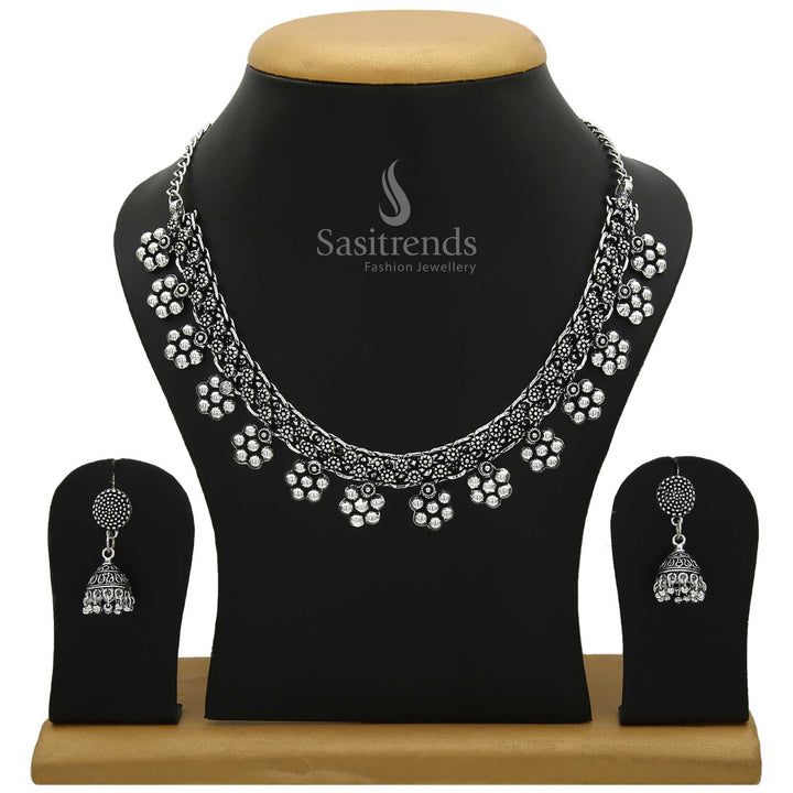 Sasitrends Oxidised German Silver Necklace Earrings Jewellery Set For Women And Girls