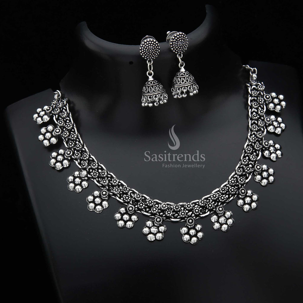 Elegant Oxidised German Silver Necklace with coordinated dangler earrings—a stunning jewellery set for festive occasions or casual Indo-Western fusion looks for modern women and girls – Sasitrends
