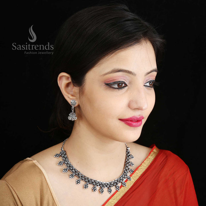 Vintage tribal style Oxidised German Silver Jewellery Set with statement necklace and detailed jhumka earrings—traditional folk beauty reimagined for confident women and girls – Sasitrends
