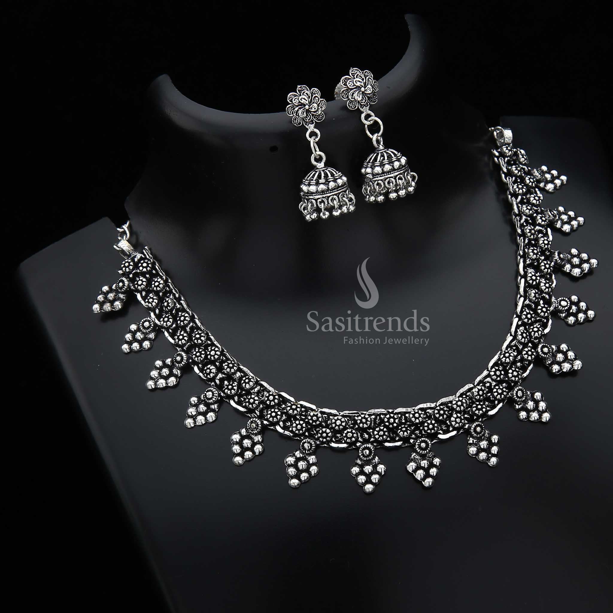 Graceful Oxidised German Silver Necklace and Matching Earrings designed to blend traditional motifs with soft elegance—jewellery set suited for both ethnic wear and casual ensembles – Sasitrends