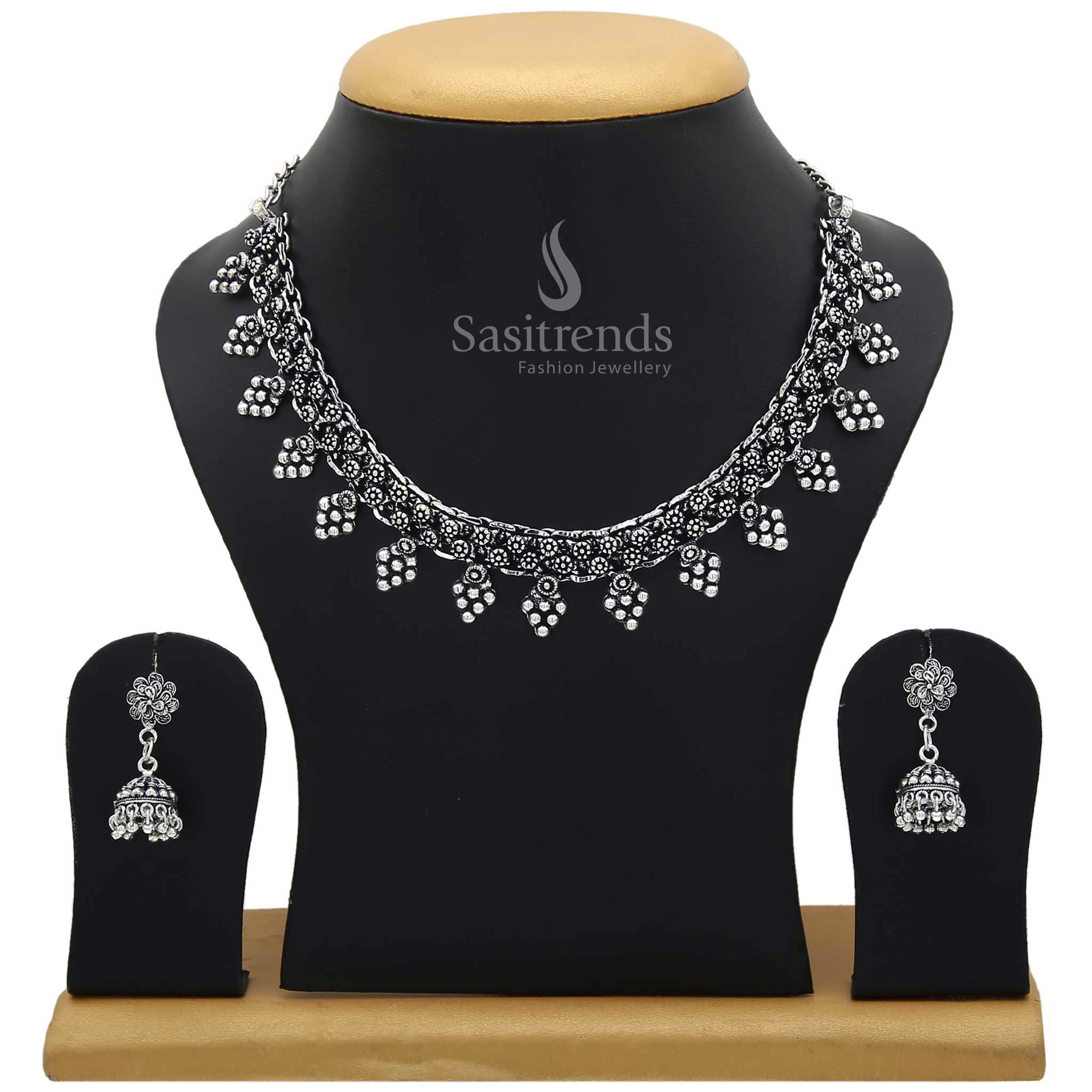Rustic finish Oxidised German Silver Necklace and Earrings Jewellery Set exuding bohemian vibes—perfect everyday pick for college-going girls and fashion-forward women – Sasitrends