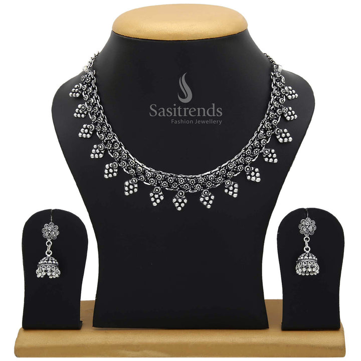Rustic finish Oxidised German Silver Necklace and Earrings Jewellery Set exuding bohemian vibes—perfect everyday pick for college-going girls and fashion-forward women – Sasitrends