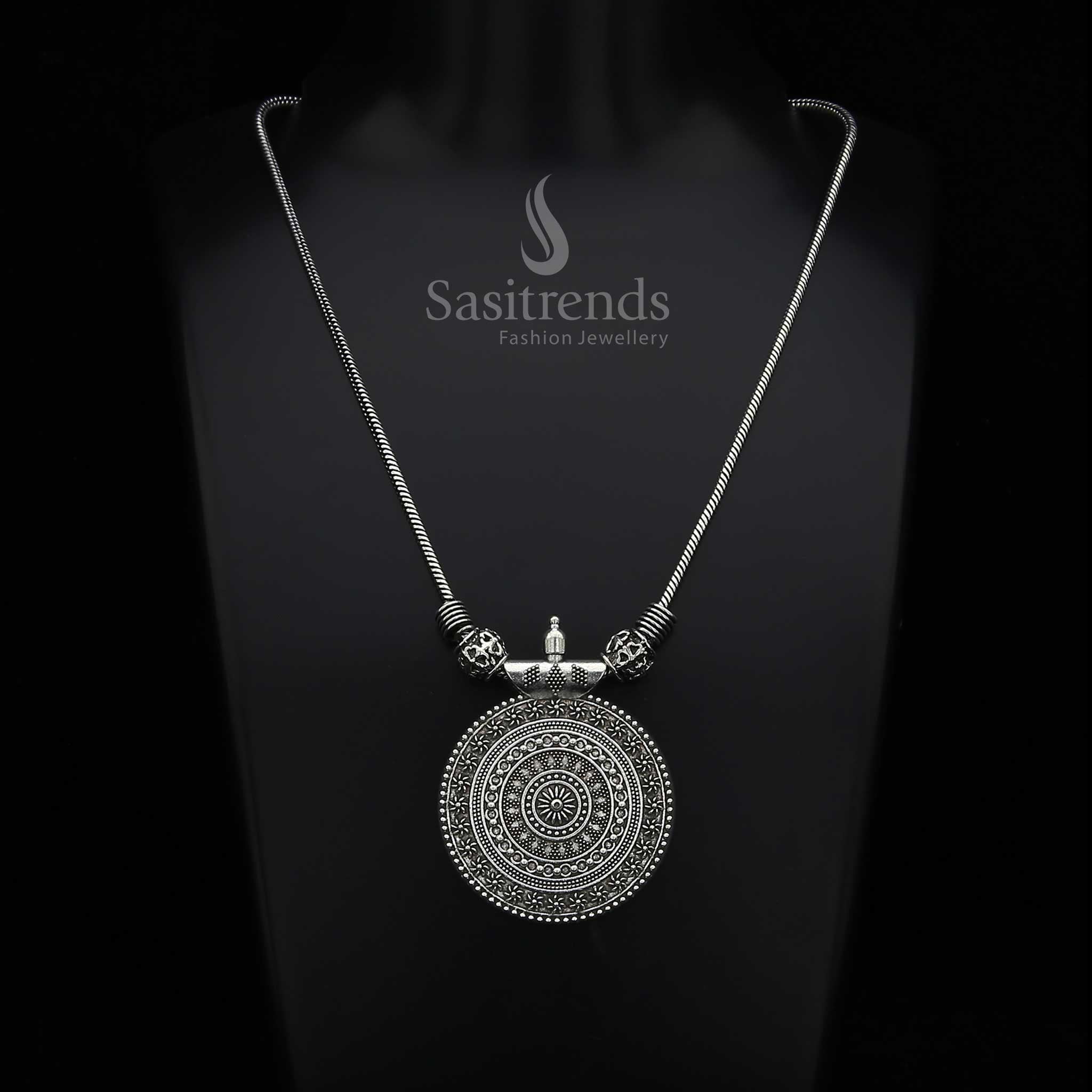 Radiant Roopasi oxidised silver chain necklace featuring a delicately carved small chakra pendant – a graceful tribal-style jewellery piece with rustic elegance for ethnic celebrations – Sasitrends

