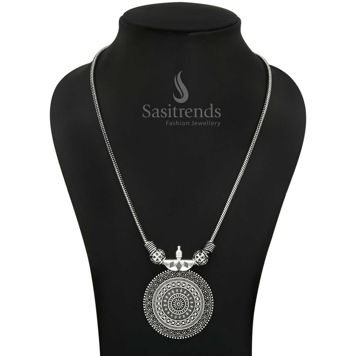 Roopasi Small Chakra Pendant Chain Necklace in Oxidised Silver and Antique Gold
