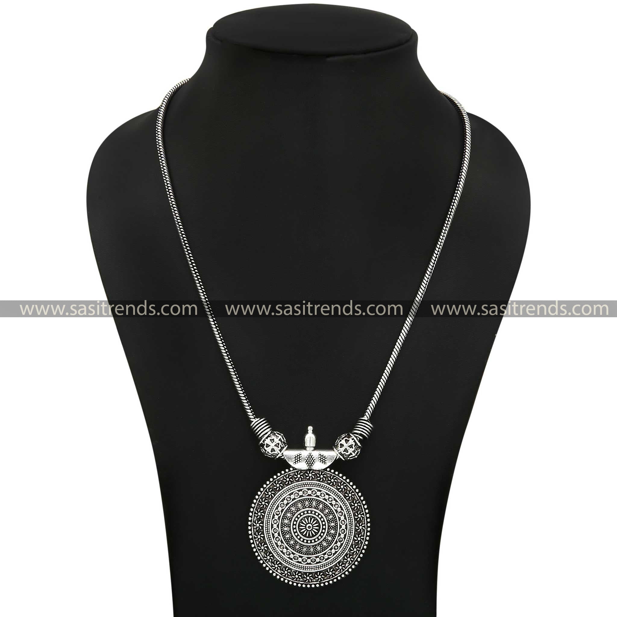 Roopasi Small Chakra Pendant Chain Necklace in Oxidised Silver and Antique Gold - Sasitrends