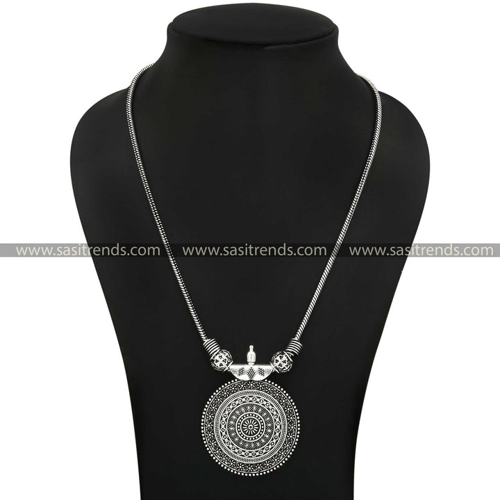 Roopasi Small Chakra Pendant Chain Necklace in Oxidised Silver and Antique Gold - Sasitrends