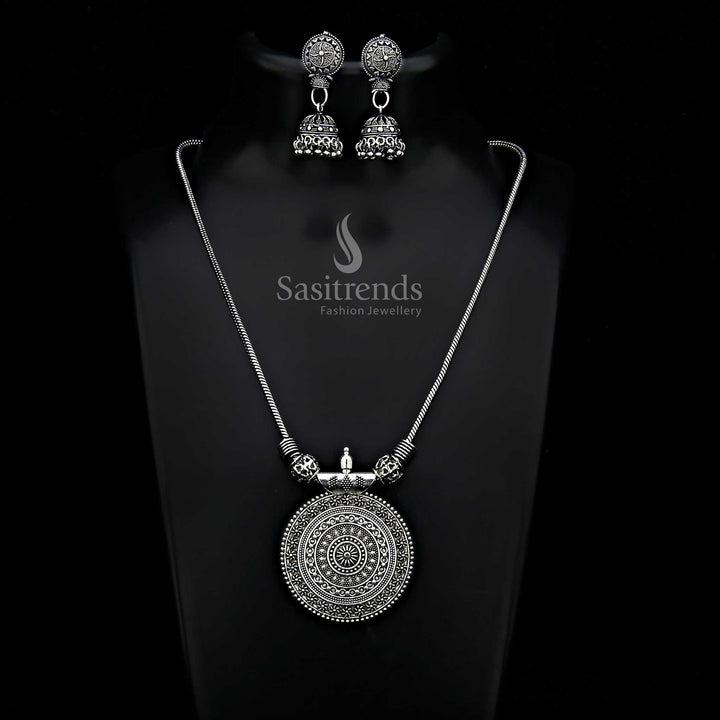 Elegant Oxidised Silver Roopasi Chakra Small Pendant Chain with Jhumka Earrings—crafted in a traditional minimalist style, this jewellery set is a subtle statement for women and girls – Sasitrends