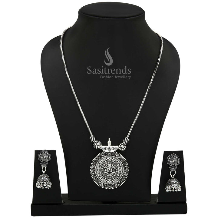 Roopasi Chakra Small Pendant Chain and Jhumka Earrings Jewellery Set in Oxidised Silver and Antique Gold