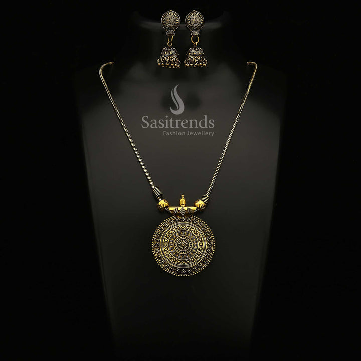 Traditional Antique Gold Roopasi Chakra Pendant Chain and Kemp Jhumka Earrings Set, adorned with temple-style elegance—perfect ethnic jewellery for saree wear and festive occasions – Sasitrends