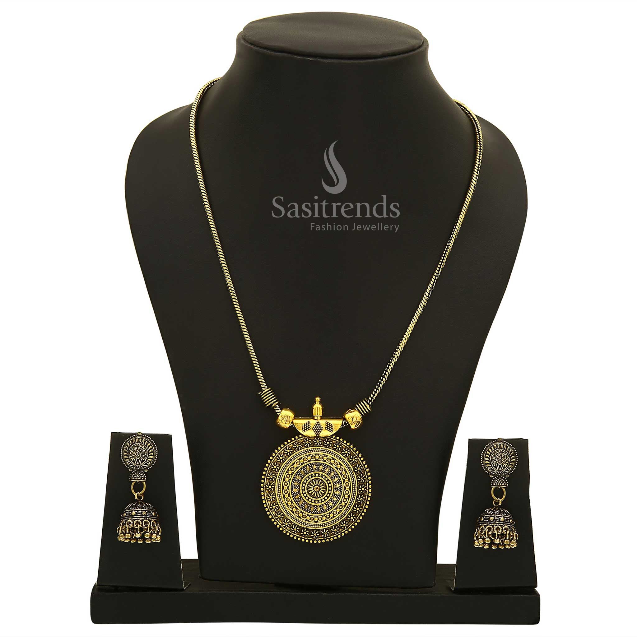 Heritage-inspired Antique Gold Roopasi Chakra Pendant Necklace and Jhumkas Set featuring a rich matt finish and intricate classic craftsmanship—timeless festive jewellery for traditional events – Sasitrends