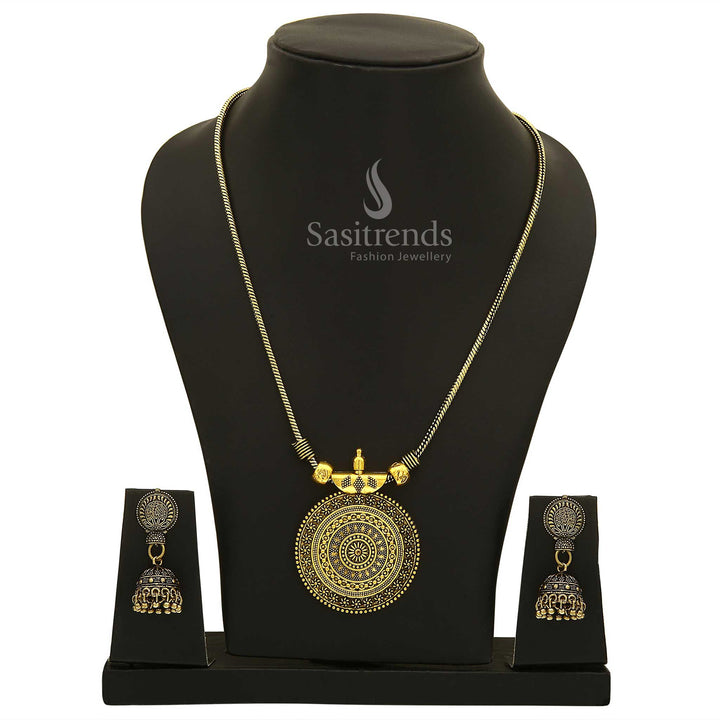 Heritage-inspired Antique Gold Roopasi Chakra Pendant Necklace and Jhumkas Set featuring a rich matt finish and intricate classic craftsmanship—timeless festive jewellery for traditional events – Sasitrends