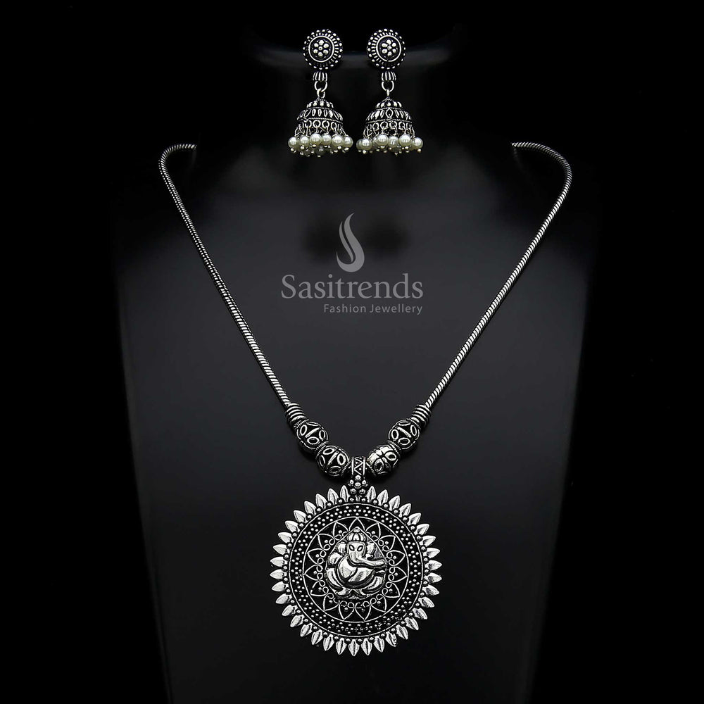 Trendy Oxidised Silver Look Jhumka Necklace Jewellery Set with graceful floral motif and bohemian charms—a contemporary ethnic fusion ideal for women and girls – Sasitrends

