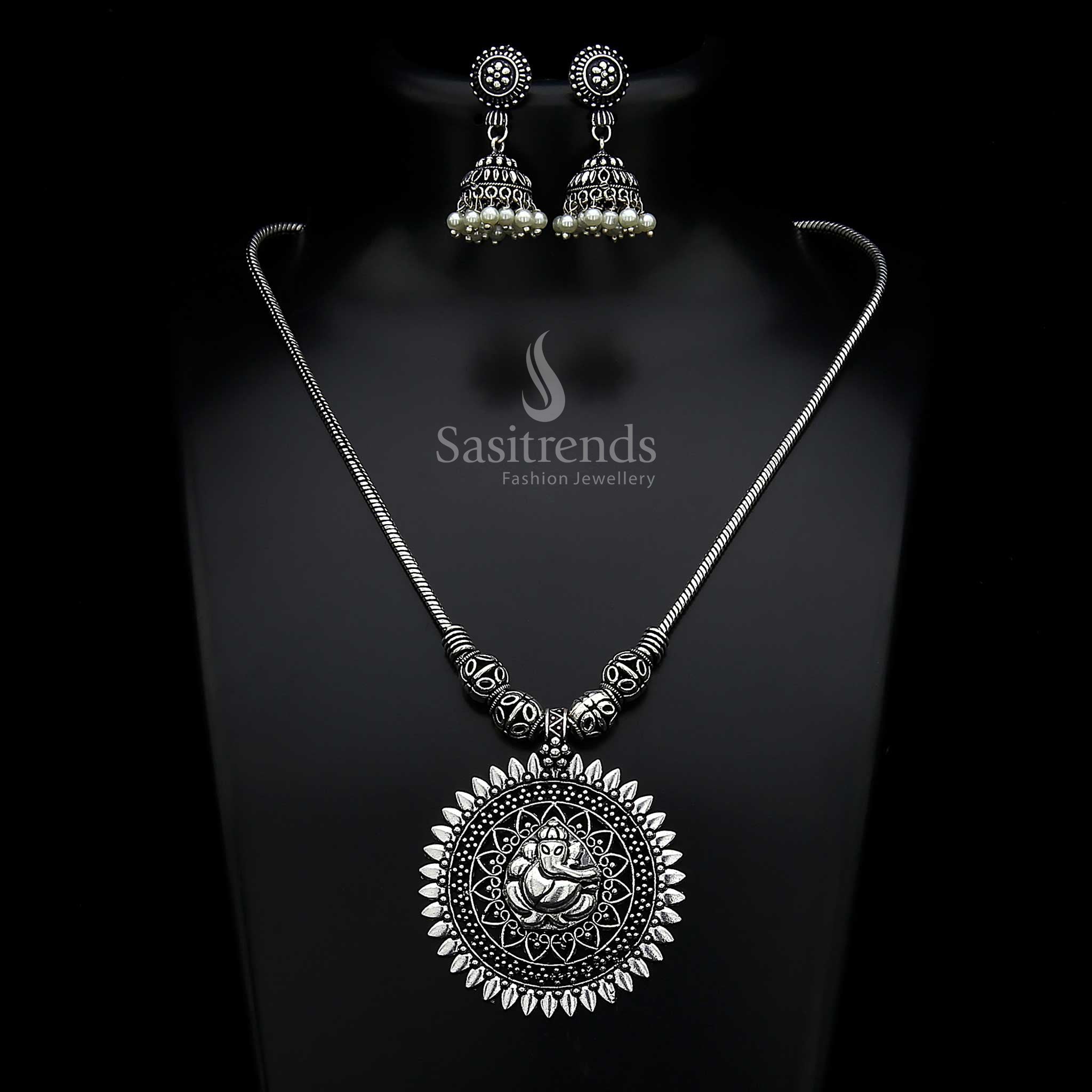 Trendy Oxidised Silver Look Jhumka Necklace Jewellery Set with graceful floral motif and bohemian charms—a contemporary ethnic fusion ideal for women and girls – Sasitrends

